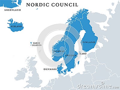 Nordic Council members, Nordic countries cooperation, political map Vector Illustration