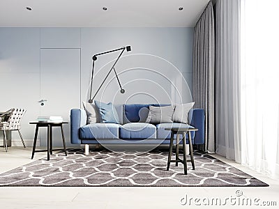 Nordic design living room with a modern blue sofa and black side tables with decor. Scandinavian contemporary style. Design hinged Stock Photo