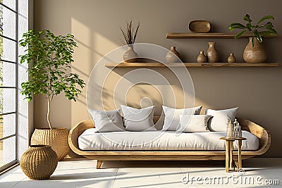 Nordic Elegance Scandinavian Home Interior Design in a Modern Living Room with a Rustic Wooden Sofa, White Pillows, Potted Green Stock Photo