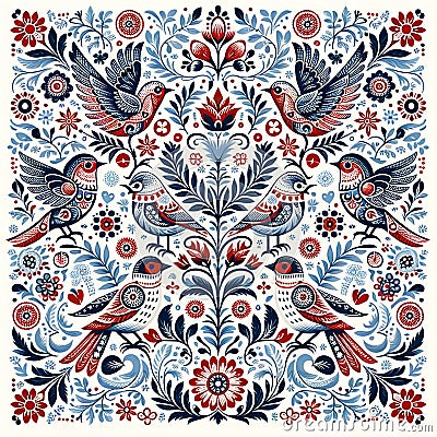 Nordic Harmony, Red and Blue Scandinavian Folk Art Pattern Stock Photo