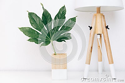 Nordic lamp and tropical leaf, simple decor objects, Scandinavian Stock Photo