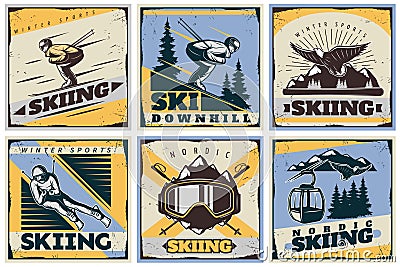 Nordic Skiing Posters Set Vector Illustration
