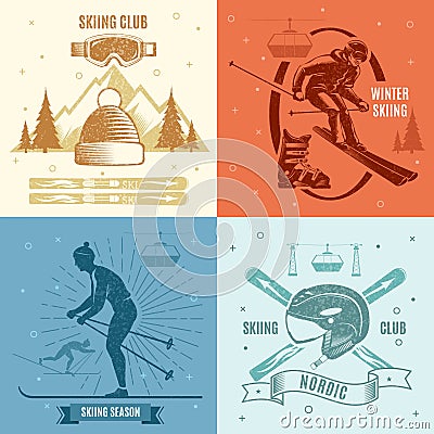 Nordic Skiing Retro Style Emblems Vector Illustration