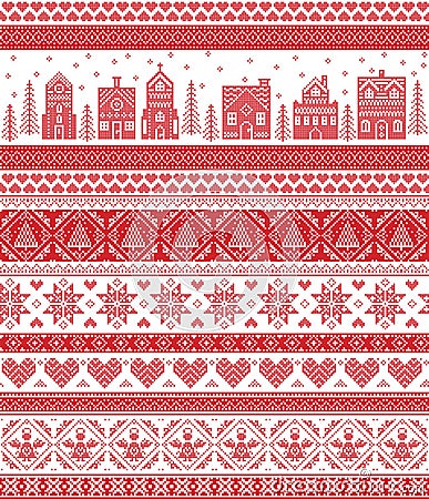 Nordic style and inspired by Scandinavian cross stitch craft merry Christmas pattern in red and white including winter wonderland Vector Illustration