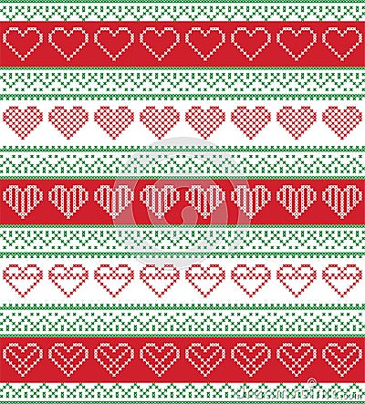Nordic style and inspired by Scandinavian cross stitch craft seamless Christmas pattern in red and white and green Vector Illustration