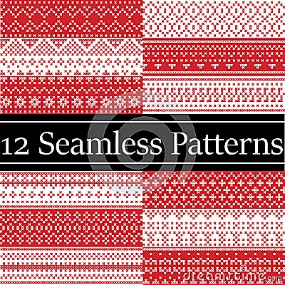 12 Nordic style vector patterns inspired by Scandinavian Christmas, festive winter seamless pattern in cross stitch with heart Vector Illustration