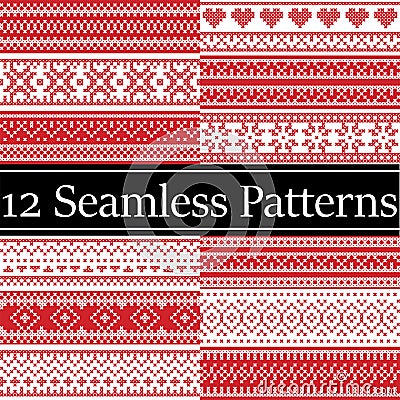 Nordic style vector semaless christmas patterns inspired by Scandinavian Christmas, festive winter in cross stitch with heart Vector Illustration