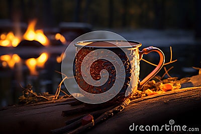 Nordic tranquility Coffee cup glows by the wilderness campfire Stock Photo
