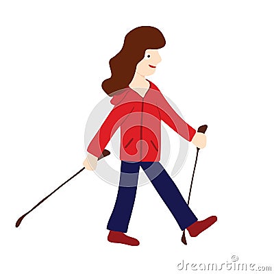 Young woman doing nordic walking, vector illustration isolated Vector Illustration