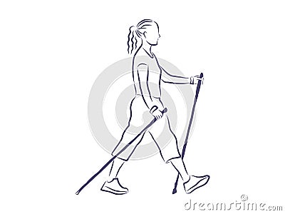 Nordic walking, figures of people walking with sticks Vector Illustration