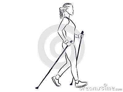 Nordic walking, figures of people walking with sticks Vector Illustration