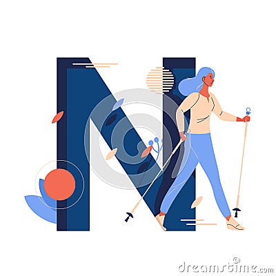 Nordic walking woman with large letter N on background. Lovely female character isolated on white while training Stock Photo