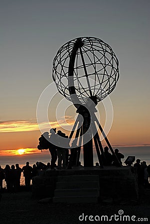 Nordkapp. Globe Monument at North Cape, Norway. Midnight at Nordkapp Editorial Stock Photo