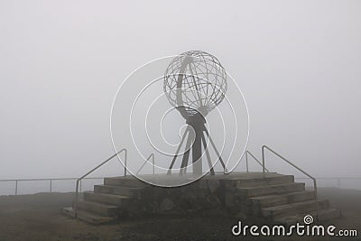 The Nordkapp North Cape globe symbol on a foggy day Stock Photo