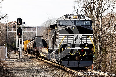 Norfolk Southern freight train stands at a signal in Rapidan, Virginia. Editorial Stock Photo