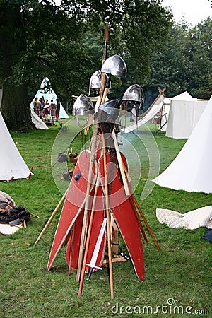 Norman helmets and shields at the reenactment of The Battle of Hastings in the UK Editorial Stock Photo