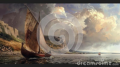 Norse Arrival: Viking Ship Docked at Great Britain's Shores Stock Photo