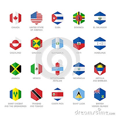 North America and Caribbean Flag Icons. Hexagon Flat Design. Vector Illustration