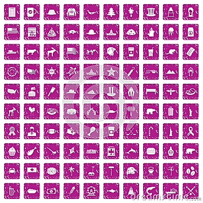 100 North America icons set grunge pink Vector Illustration