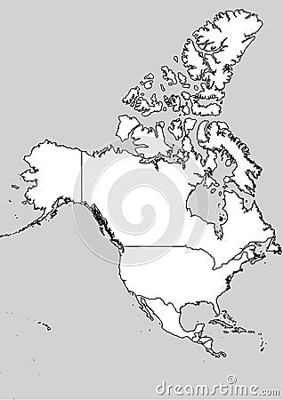 North America map with black outline and white surface and gray ocean Stock Photo