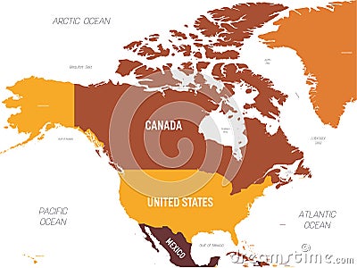 North America map - brown orange hue colored on dark background. High detailed political map North American continent Vector Illustration