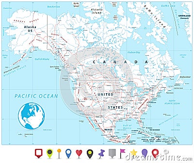 North America Map and Flat Map Pointers Vector Illustration