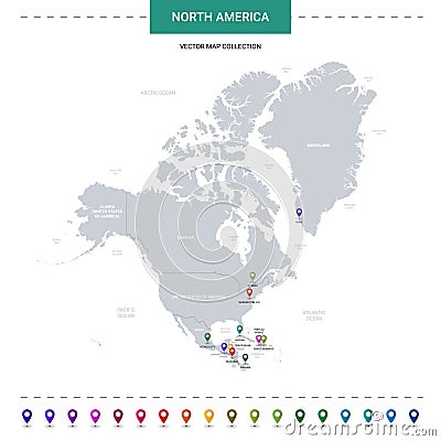 North America map with location pointer marks. Vector Illustration