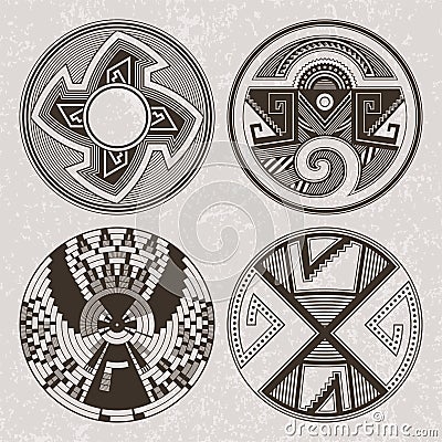 North America Pueblo Indians graphic art. Tattoo and print set. Vector Illustration