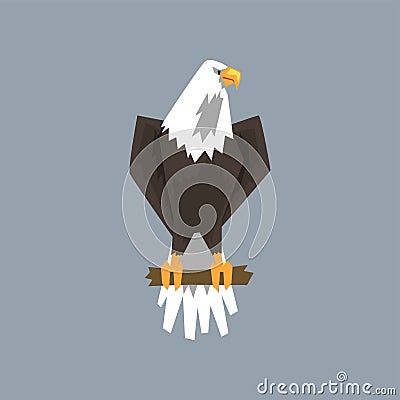 North American Bald Eagle character sitting on a branch of tree, symbol of freedom and independence vector illustration Vector Illustration