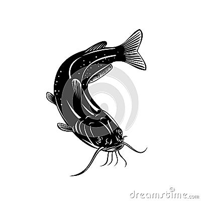 North American Channel Catfish Ictalurus Punctatus or Channel Cat Swimming Down Retro Woodcut Black and White Vector Illustration