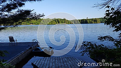 North American Cottage Dock in Summer Stock Photo