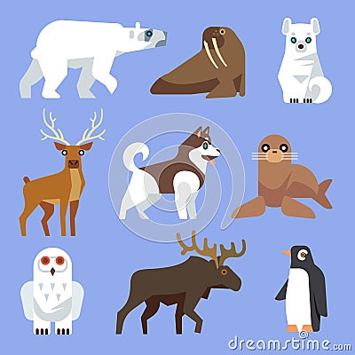 North Arctic or Antarctic animals and birds. Vector flat collection Vector Illustration