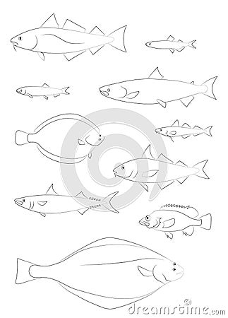 North Atlantic fish silhouettes. Vector images set. Vector Illustration