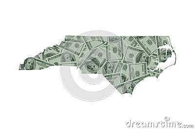 North Carolina Map Outline and United States Money Concept, Hundred Dollar Bills Stock Photo