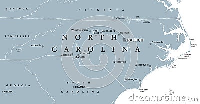 North Carolina, NC, gray political map, Old North State, Tar Heel State Vector Illustration