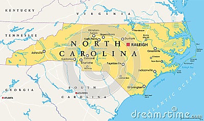 North Carolina, NC, political map, Old North State, Tar Heel State Vector Illustration