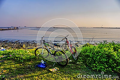 North coast of Jakarta on Marunda beach with many garbage Stock Photo