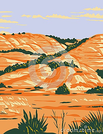 North Dakota Badlands in Theodore Roosevelt National Park Located in Medora North Dakota WPA Poster Art Vector Illustration