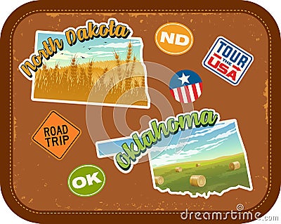 North Dakota, Oklahoma travel stickers with scenic rural landscapes Vector Illustration