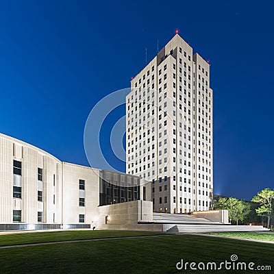 North Dakota State Capitol at night Stock Photo