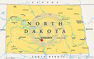 North Dakota, ND, political map, US state, Peace Garden State Vector Illustration