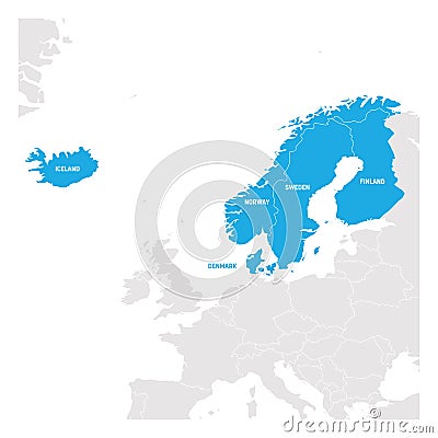 North Europe Region. Map of countries of Scandinavia. Vector illustration Vector Illustration