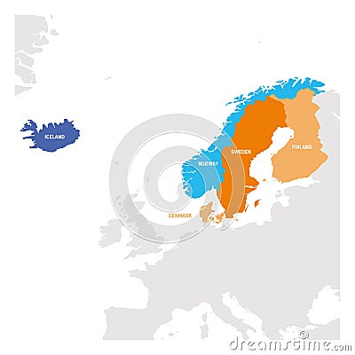 North Europe Region. Map of countries of Scandinavia. Vector illustration Vector Illustration