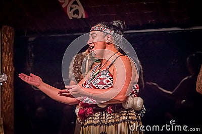 NORTH ISLAND, NEW ZEALAND- MAY 17, 2017: Close up of a Tamaki Maori woman with traditionally tatooed face and wearing Editorial Stock Photo