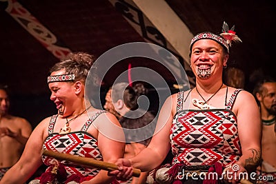 NORTH ISLAND, NEW ZEALAND- MAY 17, 2017: Close up of two Tamaki Maori ladies with traditionally tatooed face and wearing Editorial Stock Photo