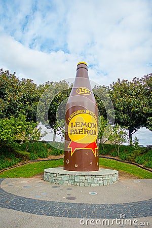 NORTH ISLAND, NEW ZEALAND- MAY 16, 2017: Lemon and paeroa giant bottle sculpture, new zealand Editorial Stock Photo