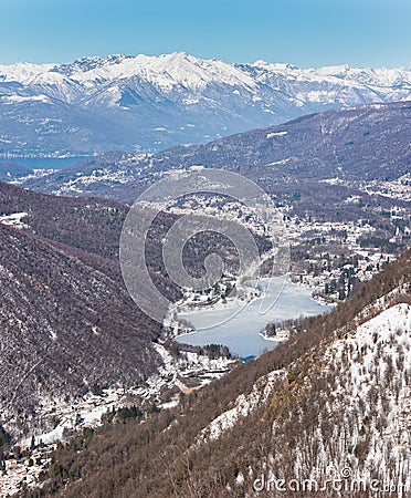 North Italy in winter. View from Valganna with Lake Ghirla to Lake Maggiore Stock Photo