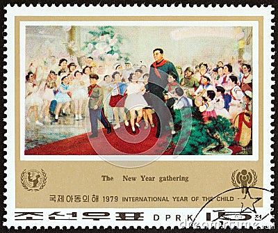 NORTH KOREA - CIRCA 1979: A stamp printed in North Korea shows The New Year Gathering, circa 1979. Editorial Stock Photo