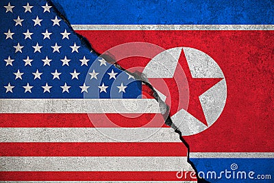 North korea flag on broken brick wall and half usa united states of america flag, crisis trump president and north korean for nucl Stock Photo