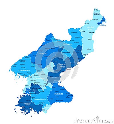 North Korea map. Cities, regions. Vector Cartoon Illustration